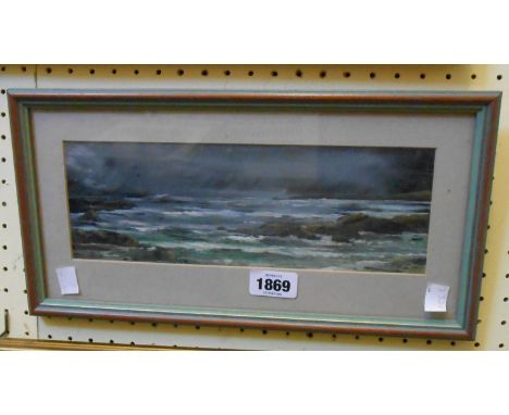 A framed small format acrylic painting, depicting a seascape