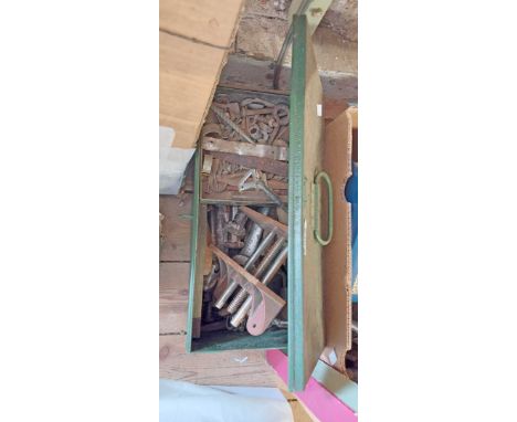 A metal toolbox and tools including cold chisels, etc.