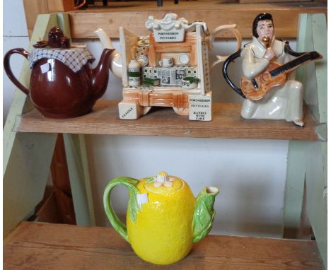 Four novelty ceramic teapots including Portmeirion, Elvis Presley, etc.