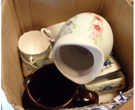 A box containing a quantity of assorted ceramic items including E. Radford jug, Tuscan china teaware, etc.