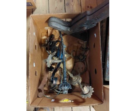 A box containing a pair of ceiling hanging cast brass three branch electroliers of Rococo form, an electric lamp wall sconce 