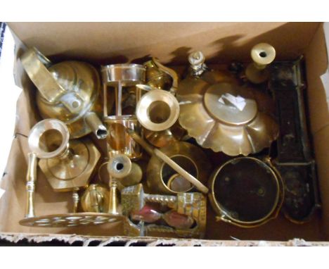 A box containing a quantity of small and miniature brassware items including miniature tripod table, wishing well form egg ti