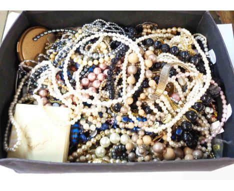 A box containing a quantity of assorted costume jewellery including modern cultured pearl torque, etc.