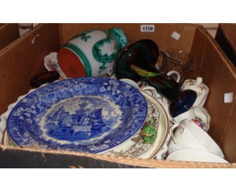A box containing a quantity of ceramic items including Wesuma pottery candlestick, Tintagel pottery jug, etc.
