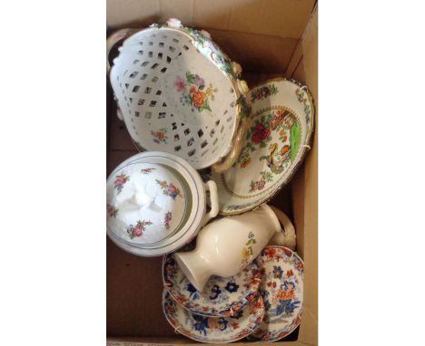 A box containing a quantity of ceramic items including early 20th Century German porcelain flower encrusted basket, etc.