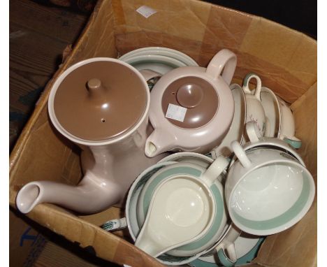 A box containing a quantity of assorted ceramic items including Poole Pottery coffee and hot water jug, Woods ware cups and s