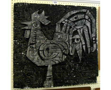 A retro sculpted polystyrene and painted panel stylised study of a standing cockerel - signed and dated verso '66