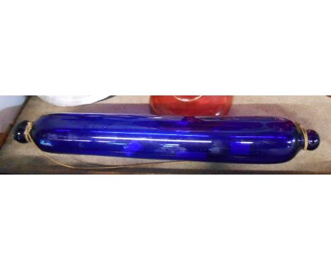 A Victorian Bristol blue glass salt bar rolling pin of hollow blown form