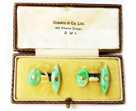 A leather cased pair of vintage yellow metal mounted apple jade panel cufflinks - case marked for Dibdin &amp; Co. Ltd. 189 S