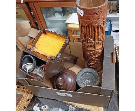A small selection of collectable items including clarinet in original case, Chinese bamboo brush pot, etc.