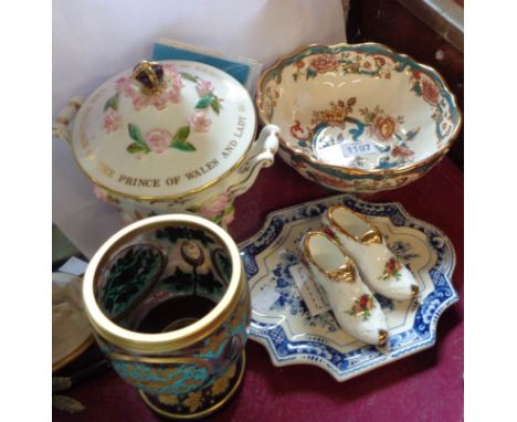 A small quantity of ceramic and glass items comprising 20th Century Bohemian goblet with acid etched and cut decoration depic