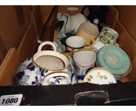 A box containing a quantity of ceramic and glass items including Wedgwood, Minton, etc.