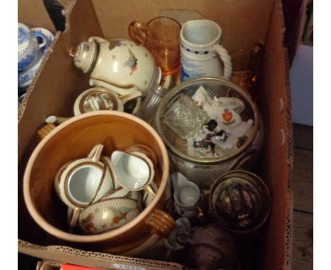 A box containing a quantity of assorted ceramic and glass items including Japanese eggshell porcelain part tea set, crested w