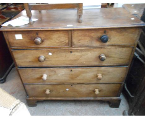 A 1.1m 19th Century mahogany chest two short and three long graduated drawers, set on bracket feet - minor damage and age rel