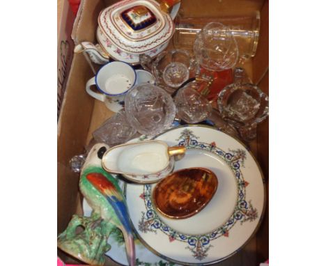 A box containing a quantity of assorted ceramic and glass items including Staffordshire parrot figurine, cut glass scent bott