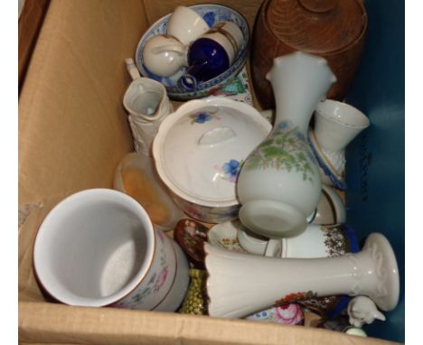 A box containing a quantity of assorted ceramic, glass and other collectable items including crested ware, boxed Coalport Blu