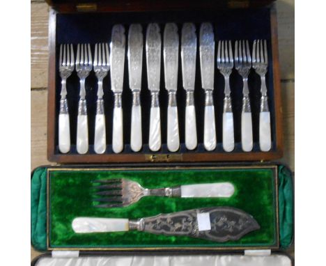 A cased pair of silver plated fish servers with mother-of-pearl handles - sold with a cased set of six each silver plated fis