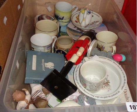 A crate containing a quantity of ceramic and other collectable items including soldier form nutcracker, Wedgwood Jasper seaho