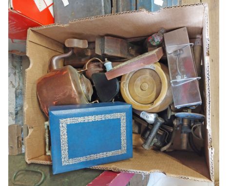 A box containing a quantity of assorted collectable items including old microscope, Victorian copper kettle, etc.
