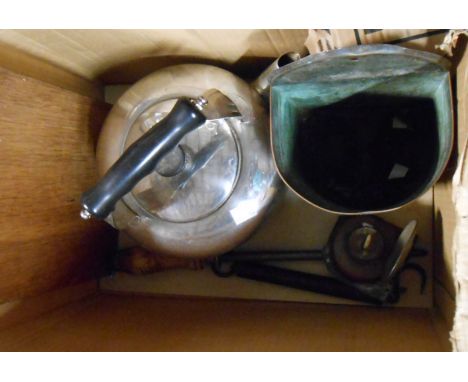 A box containing a quantity of assorted metalware including old kettle, copper wall pocket, lamp, etc.