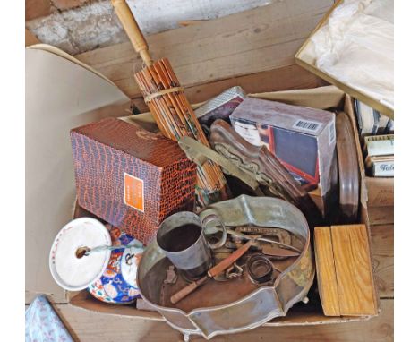 A box containing a quantity of assorted collectable items including binoculars, old Imari lamp a/f, etc.