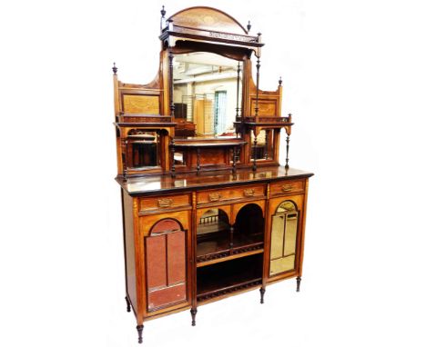 A 1.38m Edwardian inlaid walnut parlour display cabinet by Jas (James) Schoolbred &amp; Co., with arched top, galleries, thre