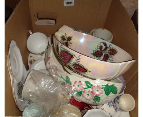A box containing assorted ceramic items including Maling ware, etc.