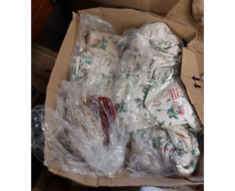 A box containing a quantity of Chinz pattern handstitched interlined curtains with matching quilted bedspread