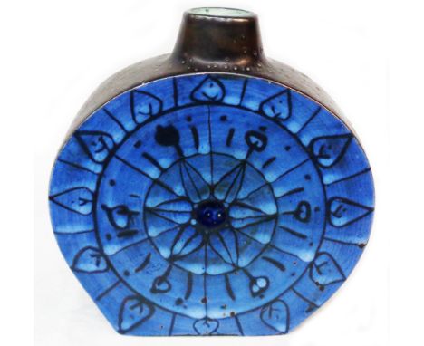 A 1960's Troika Pottery flask of rounded flattened form with incised and wax resist decoration to both sides with blue, black