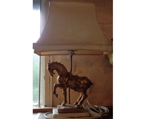 A vintage table lamp set with decorative Chinese style gilt finish horse, set on marble plinth - sold with shade