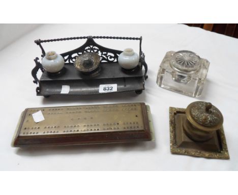 A 19th Century brass and wood cribbage board - sold with an old pewter inkstand with opaque glass wells, a brass inkwell and 