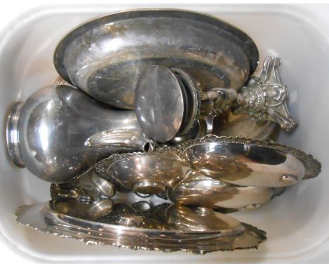 A box containing a quantity of silver plated items including a putto pattern candlestick, hot water jug, trays, etc.