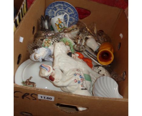 A box containing a quantity of ceramic and glass items including Royal Worcester Old Country Ways figurine, Victorian Staffor