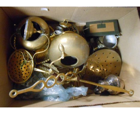 A box containing a quantity of metalware including chestnut roaster, teapots, silver plated Guernsey flask, etc.