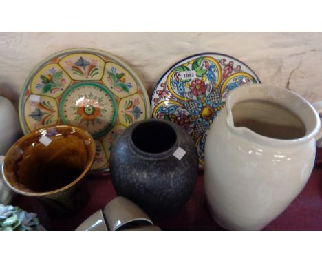 A small selection of ceramic items including studio pottery vase, Spanish tin glazed dish, large Lovatts stoneware milk jug (