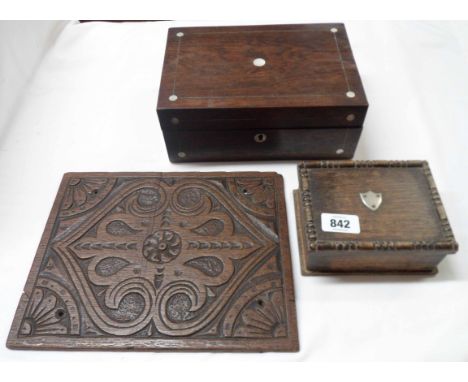 A rosewood veneered jewellery box with mother-of-pearl inlay and fitted tray - sold with a smaller lift top-box and a carved 