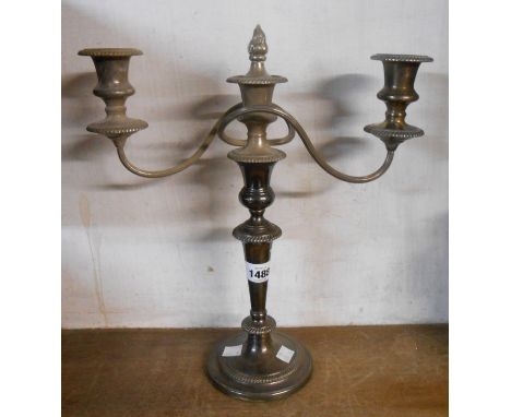 A 38cm Garrard &amp; Co. silver plated twin branch three light candelabrum with flambeau finial, convertible for single candl