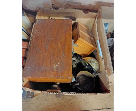 A box containing a quantity of assorted metalware and other items including candlesticks, cuckoo clock, wooden boxes, etc.
