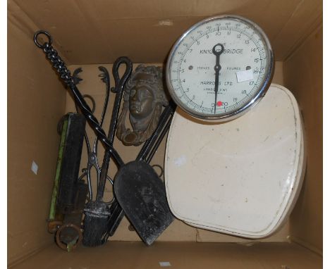 A box containing a quantity of assorted metal and collectable items including The Knightsbridge Bathroom Scales retailed by H