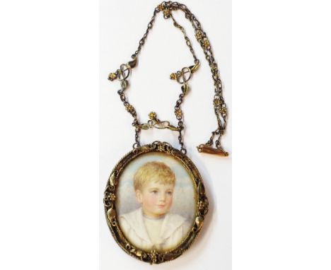 An ornate pendant necklace with 9c clasp and set with a 5.5cm oval portrait miniature of a young boy wearing sailor's smock