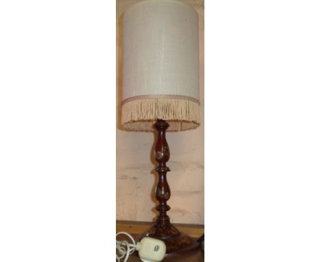 A vintage wooden table lamp of candlestick form with painted finish - with shade