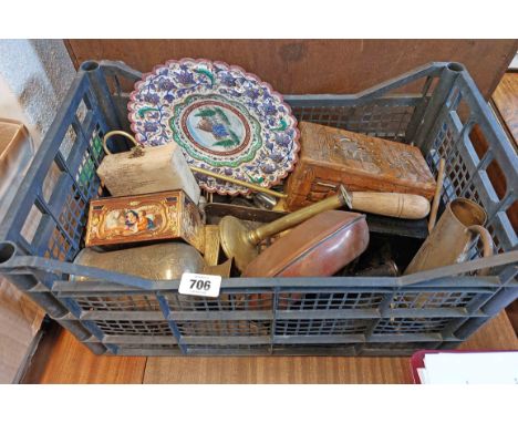 A crate containing a quantity of assorted collectable items including brass candlestick, Eastern chased vase, carved wooden b