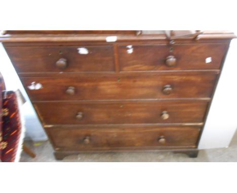 A 1.10m Victorian mahogany chest of two short and three long graduated drawers, set on bracket feet - top split, one foot det