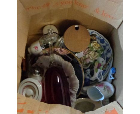 A box containing a quantity of ceramic items including stoneware hot water bottle, plates, figurines, etc.