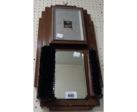 An Art Deco varnished oak framed wall mounted hall barometer with visible aneroid works, mirror and clothes brushes