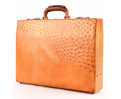 A good quality vintage tan ostrich-leather executive attaché briefcase with suede interior and combination lock. (17.5" x 12.
