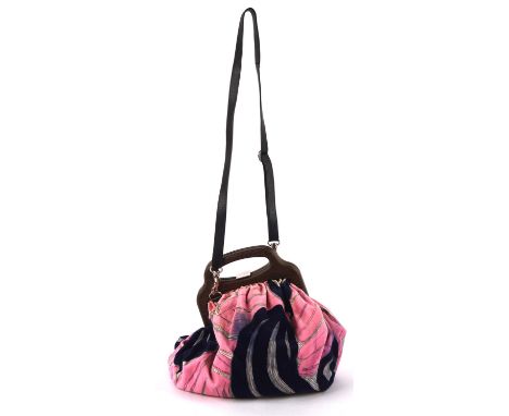 MIU MIU (PRADA) A 1990s vintage velvet carpet-style bag with wooden handles and long strap and silver hardware Condition Repo