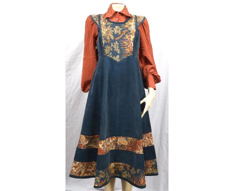 Three items in lot. ANNA BELINDA Oxford. Three velvet, needlecord and wool 1970s original dresses and a rust-coloured silk bl