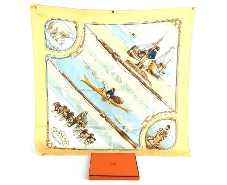 HERMES A rare boxed silk scarf depicting Gronland, Eskimos and Husky dogs Condition Report:  In good gently used condition wi