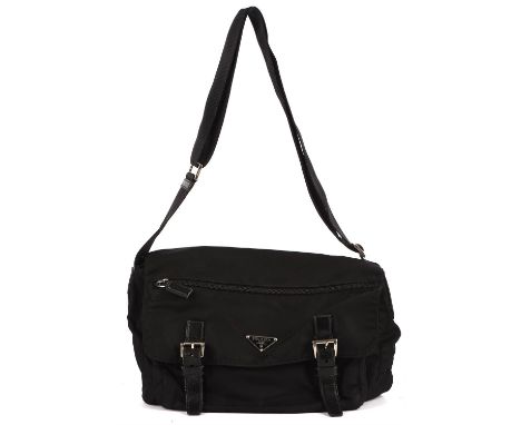PRADA a vintage 1990s unisex black neoprene and leather shoulder bag with buckle fastening and silver coloured hardware (leng